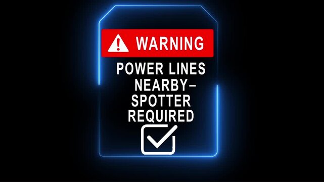 Warning power lines nearby spotter required sign emphasizes crane safety to prevent accidents and ensure safe operation in hazardous areas.