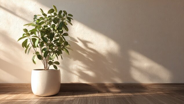 Schefflera Arboricola in Pot with Sunlight and Shadows.