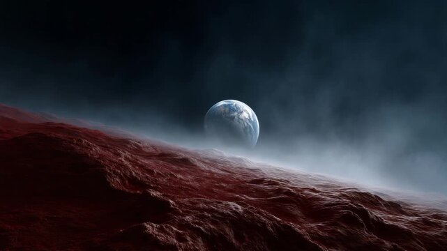exact reference composition, cinematic space scene with red cratered planetary landscape dominating the lower half of the frame, curved horizon line running horizontally through  technology