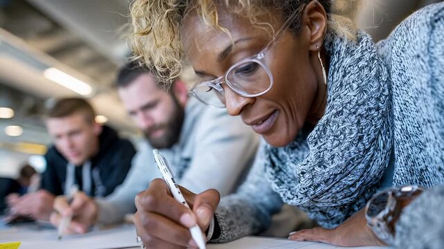 Woman Focused on Writing in Classroom Setting