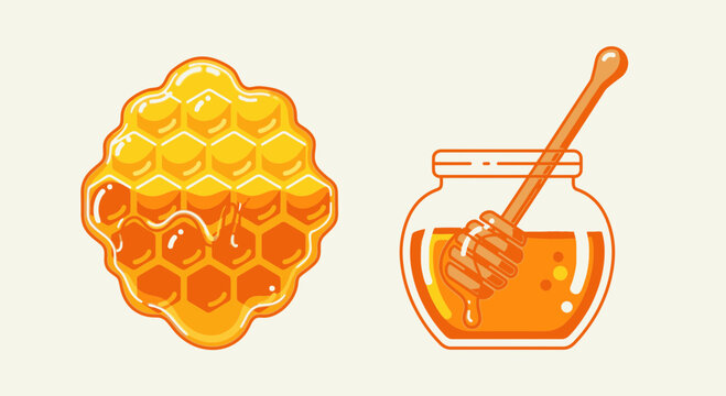 Honeycomb and honey jar illustration.