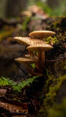 Fototapeta premium Wild Mushrooms Growing on a Mossy Log in a Forest.