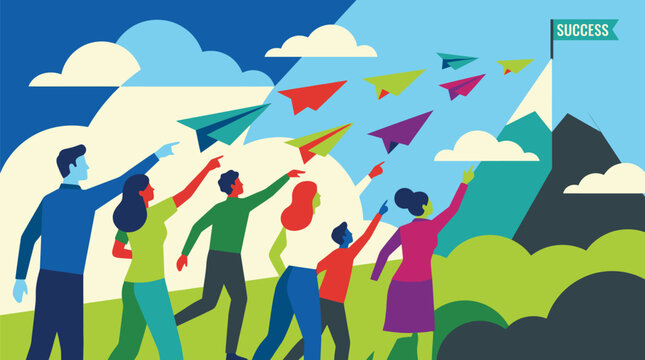 Group of People Flying Paper Airplanes Outdoors.