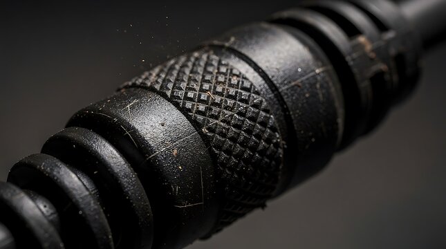 Close-up macro shot of a black textured cable connector with a knurled grip pattern.