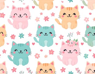 Obraz premium Colorful Cartoon Cats Pattern with Flowers.