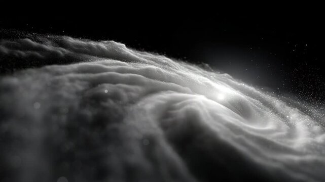 Massive spiral galaxy composed of luminous white particles and cosmic dust forming curved arms around a bright galactic core, swirling powder-like star material drifting across space, blue planet