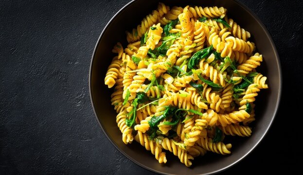 Spirali Pasta with Spinach in Dark Bowl, Culinary Still Life.