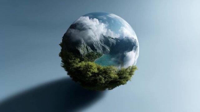 Miniature planet Earth floating in space surrounded by a circular ring of white clouds, detailed tropical island landscape forming the surface of the tiny spherical world space, blue planet