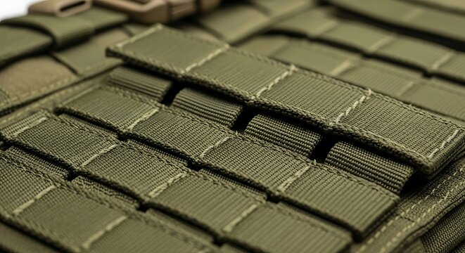 Close-up view of olive green tactical MOLLE webbing on military gear.