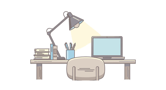 Office desk with computer and chair.