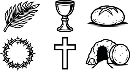Naklejka premium Black and white line art of palm leaf chalice bread cross crown of thorns and empty tomb religious symbols collection