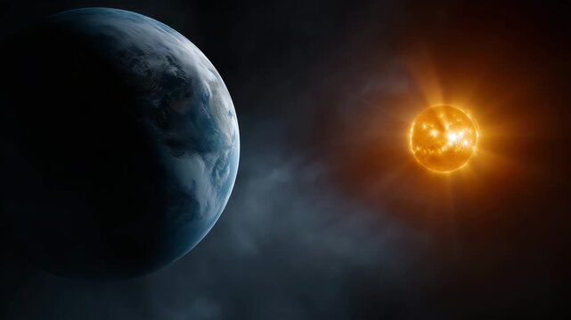 Planet Earth and bright Sun in deep space with realistic scale and dramatic contrast, detailed blue Earth on the left side of the frame with visible continents and clouds while space, blue planet