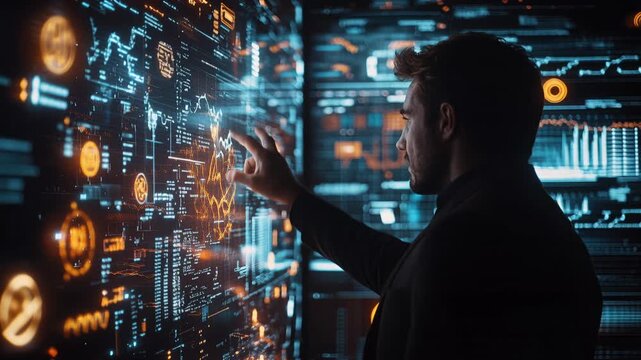 Data Analyst Interacting with Futuristic Holographic Financial Dashboard