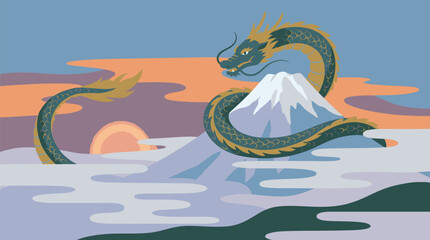 Mythical Dragon and Mountain Landscape Scene.