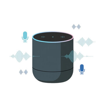 Smart speaker with sound wave icons floating around it