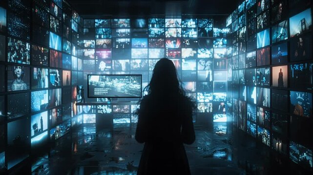 Woman Standing Amidst Walls of Glowing Surveillance Screens