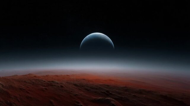 reference recreation, Mars-like red rocky planet surface filling the entire lower half of the frame with detailed craters and rough terrain texture, smooth curved plan, aerial view, light pollution