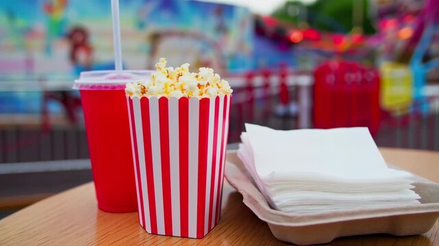 Popcorn in red striped container with soda and napkin on table at carnival. Amusement park snack concept representing fast food treat for outdoor fun. Close up view of classic cinema festival food