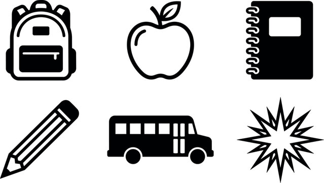 Simple black icon set featuring backpack apple notebook pencil school bus and starburst design elements for education and learning