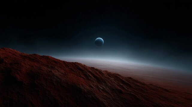 ultra strict reference recreation, Mars-like red rocky planet surface filling the entire lower half of the frame with detailed craters and rough terrain texture, smooth curved aerial view