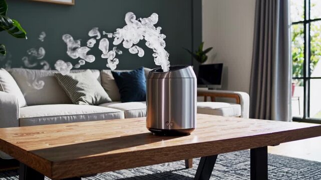 Modern air humidifier working in a cozy living room. Device releases steam mist for fresh indoor atmosphere. Metallic aroma oil diffuser on wooden table for home comfort and healthy air quality care