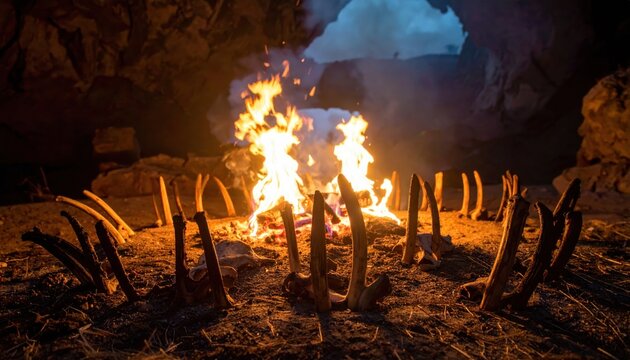 Ancient ritualistic fire ceremony with sharpened bone fragments arranged in a pattern on dry earth at night
