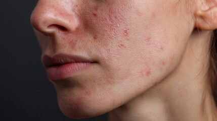 Fototapeta premium acne on woman face with rash skin, scar, and red skin syndrome allergic to cosmetics, use steroids, dermatology, inflammation, infection, hygiene