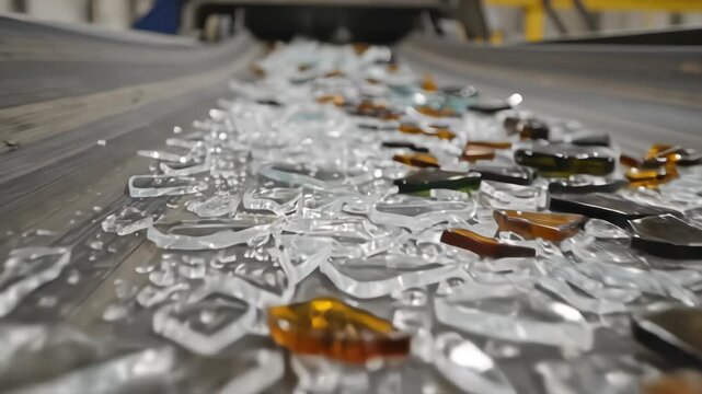 Wet broken glass pieces moving on a conveyor belt during the sorting process in a recycling facility