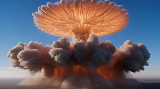 Dramatic and powerful mushroom cloud explosion against a clear blue sky backdrop