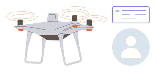 Fototapeta premium quadcopter navigation, remote control, surveillance, technology integration, user interaction, modern devices. A Quadcopter alongside a user profile icon and an interface graphic. Drone technology
