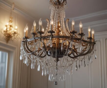 Electrical cables wrapped around ornate crystal chandelier, ceiling installation, cables, electrician