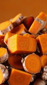 Macro view of chopped fresh orange turmeric root slices with vibrant color and textured skin