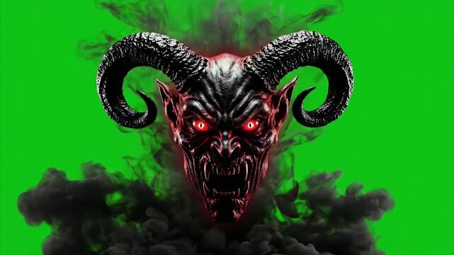 Sinister Demonic Face Emerges From Dark Swirling Smoke Against Green Screen Background Spooky Horror Concept