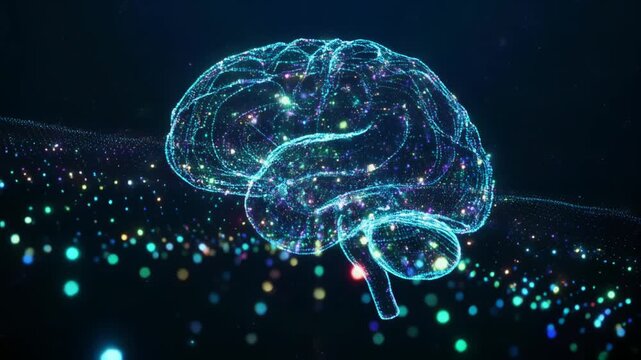 暗闇に浮かぶ発光粒子が神経網のように広がる人工知能データネットワーク背景