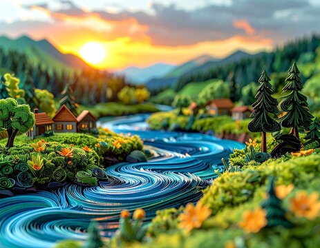 Miniature Quilling Art Landscape with Winding River and Sunset.