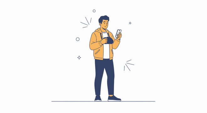 Young man in yellow jacket using smartphone, modern flat illustration style