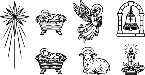 Naklejka premium Black and white line art nativity scene icons featuring baby jesus in manger angel bell candle and lamb with halo christian religious symbols