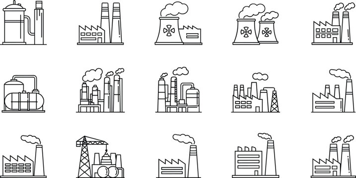Industrial factory building icons, power plant sketches, manufacturing facility line art, warehouse outline elements, energy production vector illustration, engineering site