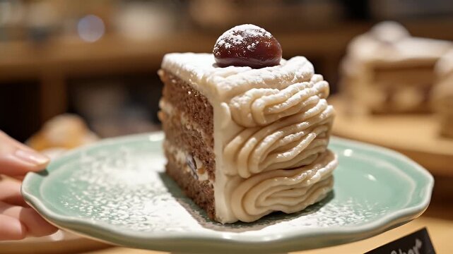 Slice of Chocolate Cake with Cream Frosting and Chestnut Topping Served on a Mint Green Plate