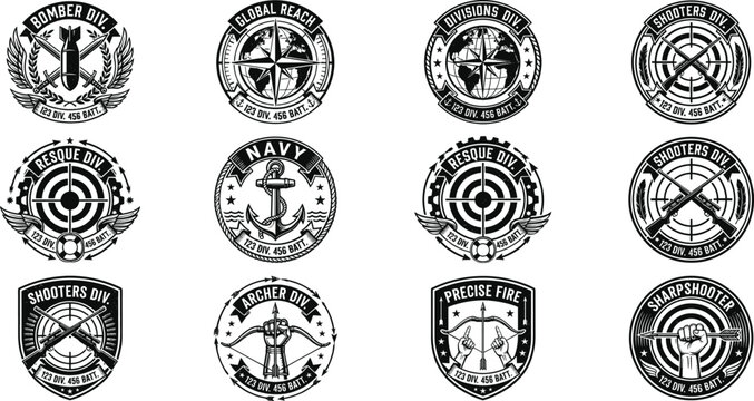 Military insignia icon collection featuring bombers, globes, anchors, rifles, archery, sharpshooter, tactical division vector design