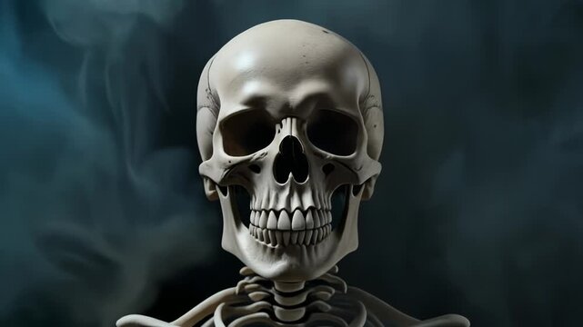 暗闇に煙が渦巻き浮かび上がる不気味なハロウィン骸骨の神秘的演出