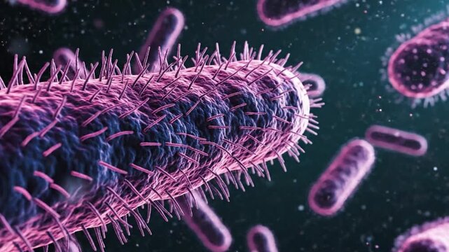 Microscopic animation footage showing rod shaped bacteria cells swimming through dark liquid environment