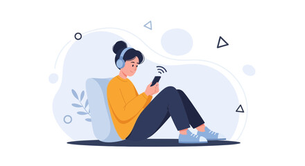 Obraz premium Young woman with headphones listening to music on smartphone, sitting on floor