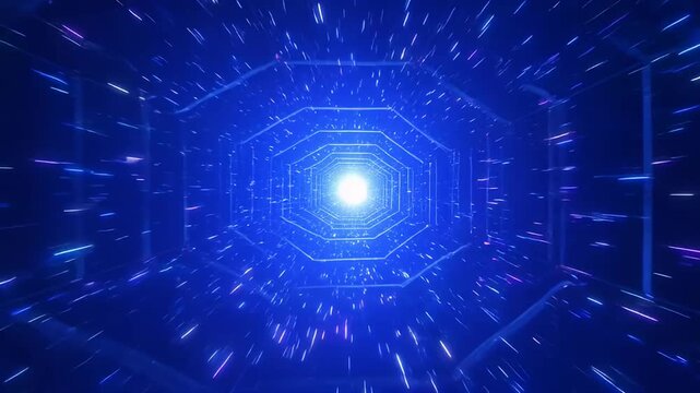 Futuristic light streaks tunnel with blue glow and octagon repeating pattern