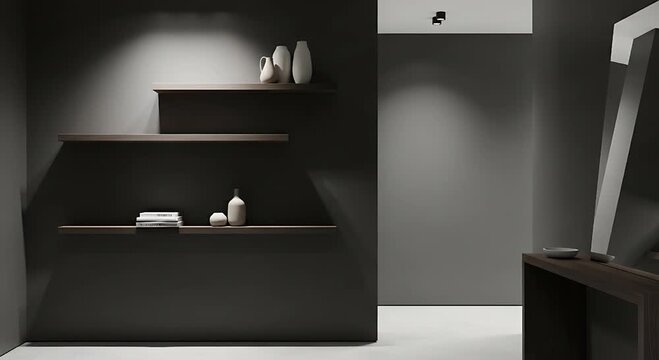 A modern interior design video showcasing a sleek and minimalist room with a focus on clean lines and monochromatic color scheme