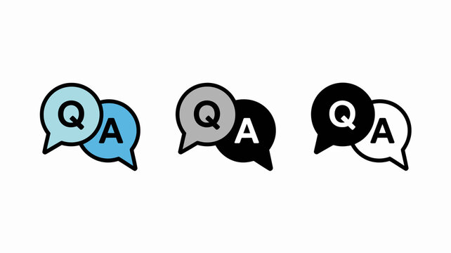 This image displays three variations of a question and answer icon using speech bubbles and the letters q and a high quality professional detailed modern elegant