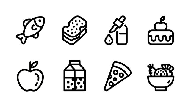 A collection of simple black and white line icons depicts various food items including fish bread fruit pizza and dairy high quality professional detailed modern elegant