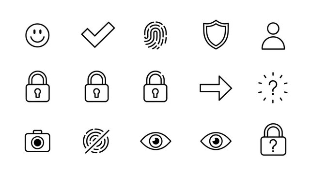 A collection of simple black and white line icons depicting security identification and user interface elements high quality professional detailed modern elegant stylish clean crisp vibrant