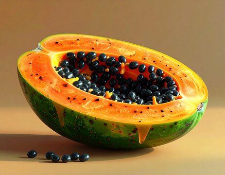 Vibrant Half Papaya with Black Seeds on a Table.