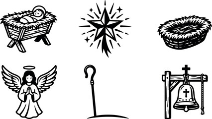 Naklejka premium Black and white nativity scene icons set nativity baby star angel bell staff basket and cradle silhouette vector art